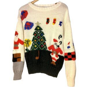 Vintage Fetagetti Chrsitmas Sweater M Santa Smoking Pipe Tree Novelty Holiday
